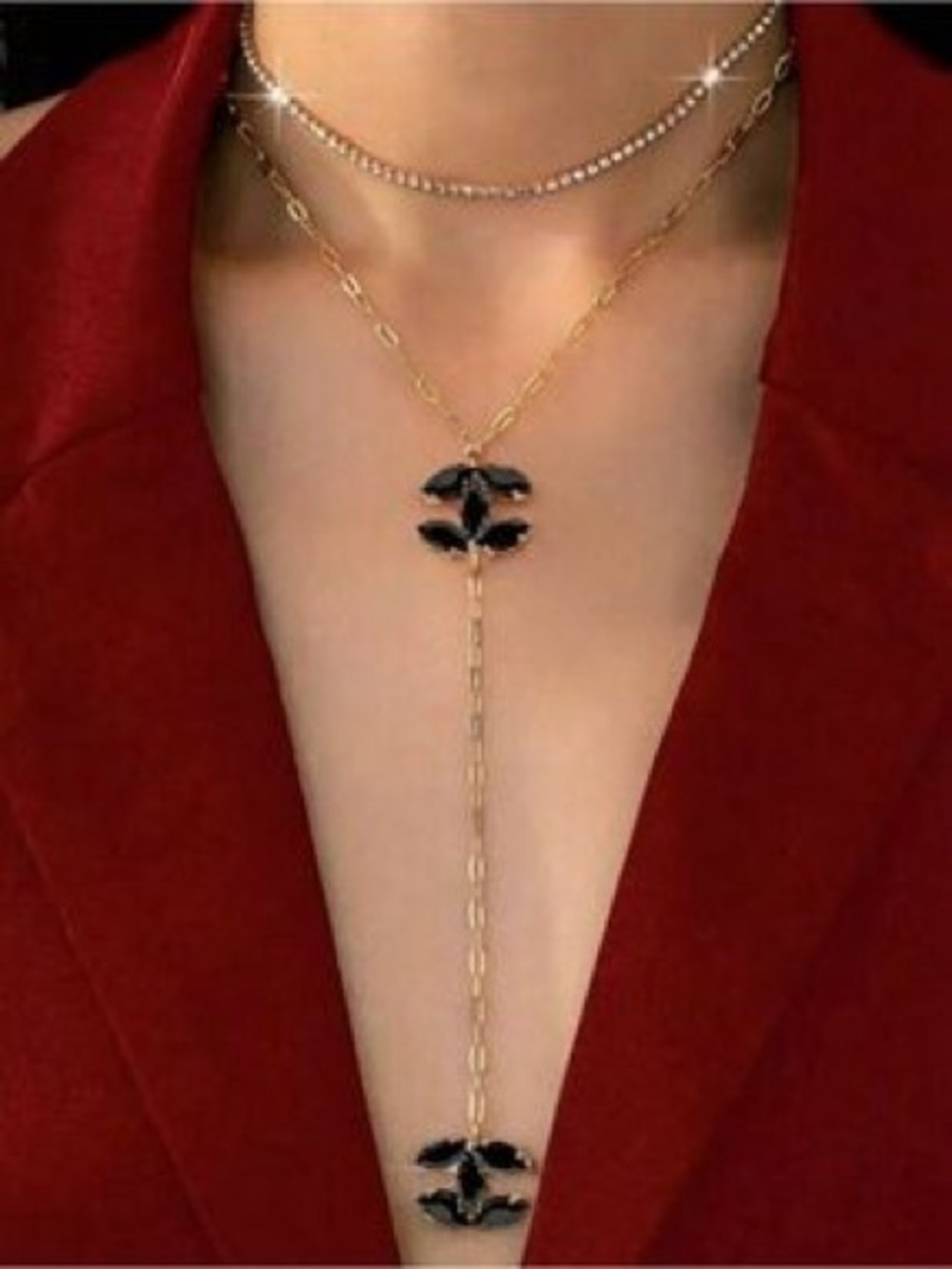 CC Gold & Black Long Lariat Necklace with Black Crystals - Women Jewelry
